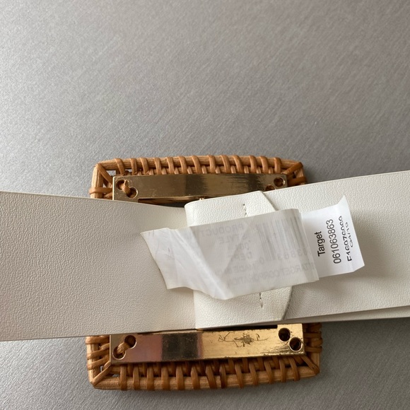 WHITE LEATHER WIDE WOVEN WICKER SQUARE BUCKLE BELT - Picture 7 of 15